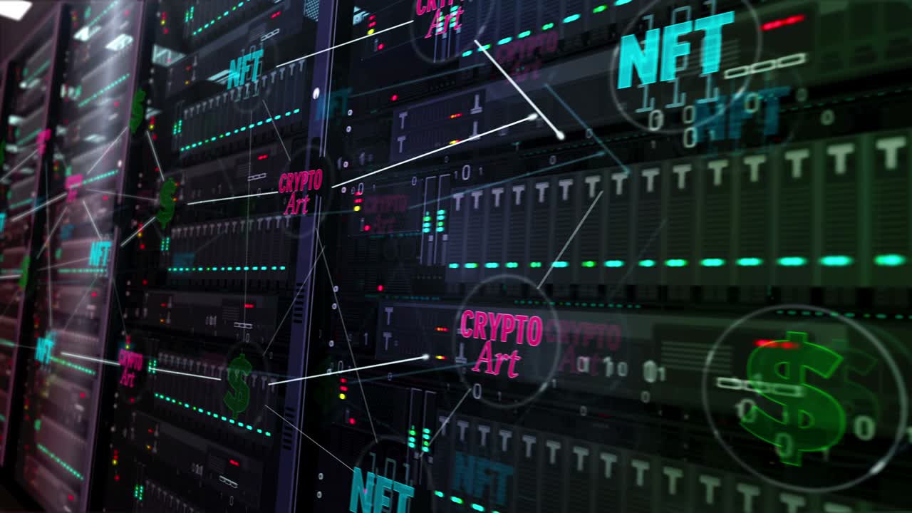 símbolos de arte criptográfico de nft en la sala de servidores en el bucle de fondo