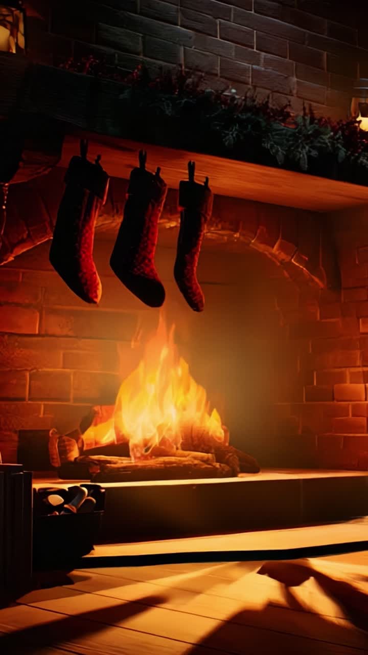 A Cozy Fireplace Scene: Warm Glow from the Fire Illuminates Plush Stockings Hung with Care, Creating a Festive Atmosphere Perfect for Winter Gatherings and Seasonal Celebrations