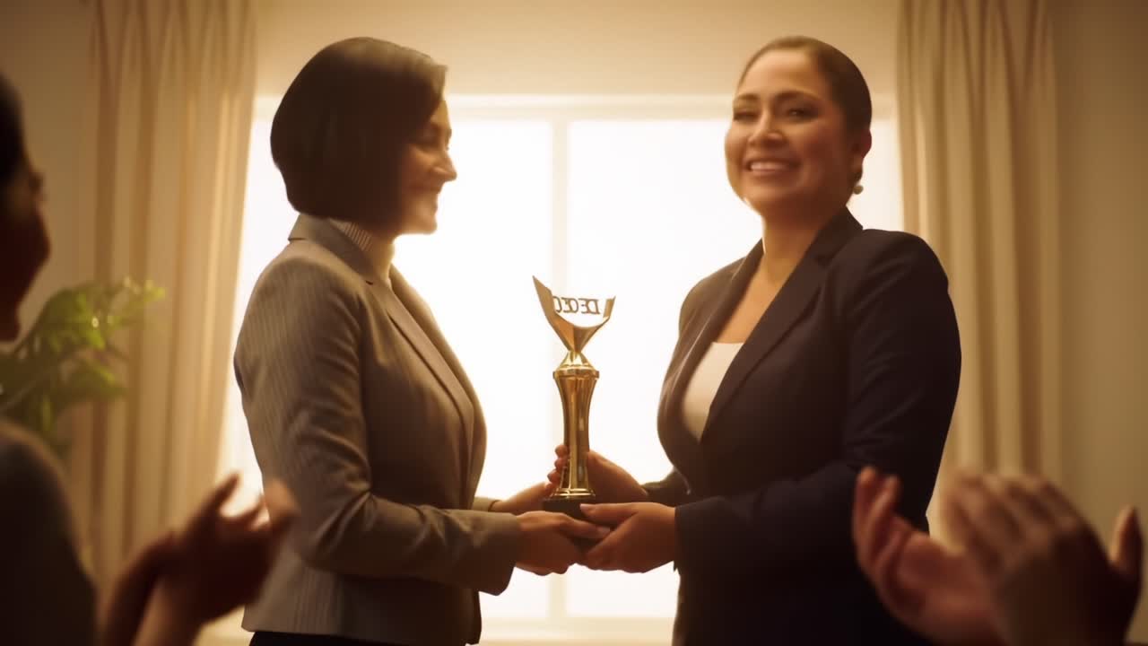 Women Celebrate Achievement With Award Presentation in a Professional Setting