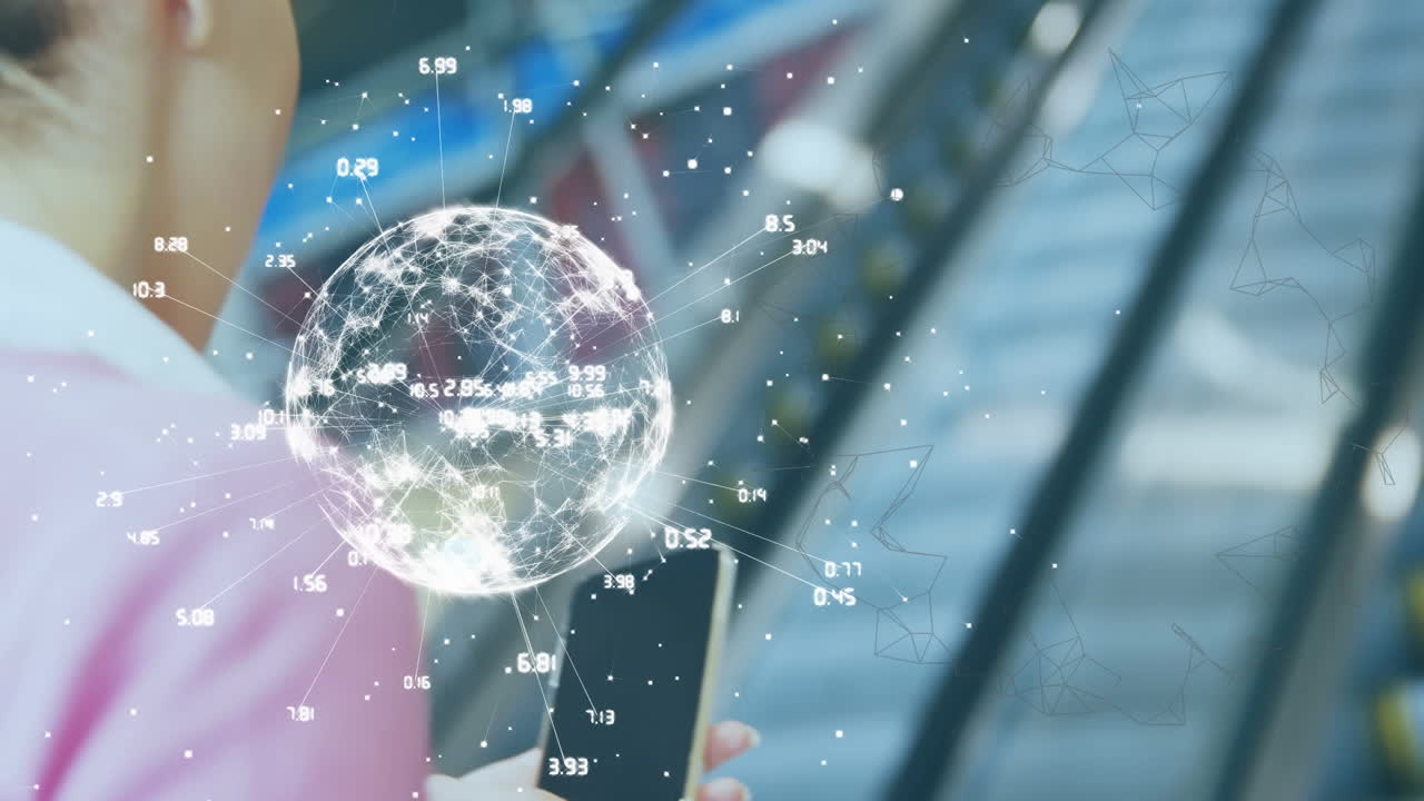 스마트 폰을 사용하는 여성에 대한 데이터 처리 및 지구상의 애니메이션