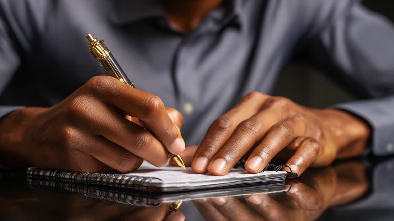 A Focused Individual Engaging in the Process of Writing with a Gold Pen on a Notepad While Concentrating on Crafting Thoughts, Ideas, or Notes in a Dimly Lit Environment, Showcasing Hand Movements and Writing Skills