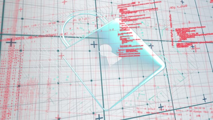 Animation of data processing, online security padlock and computer circuit board over grid
