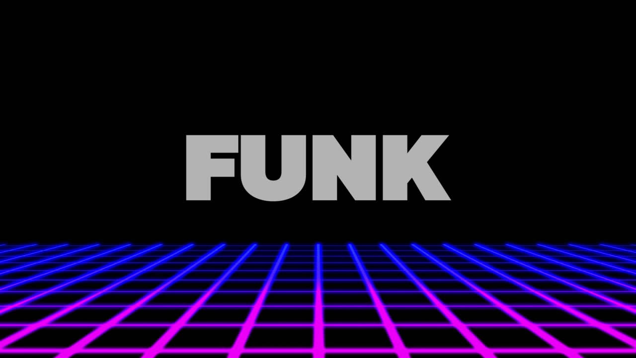 animación de texto funk en letras blancas sobre fondo y cuadrícula negros