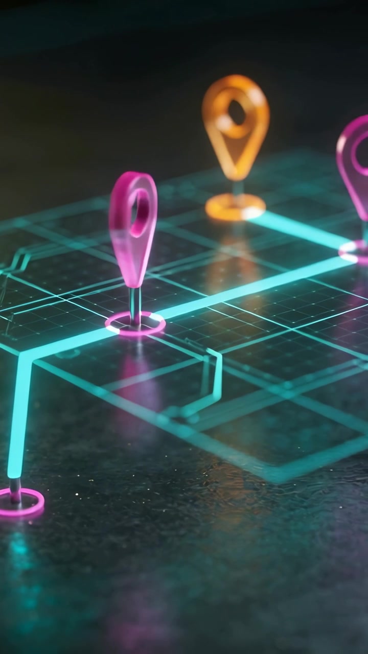 Vertical video: Tilting camera showing magenta pins rotating, revealing neon grid on glossy surface
