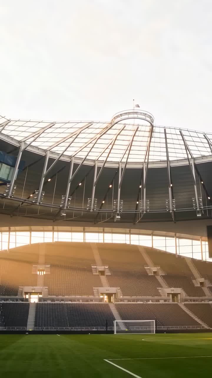 Vertikales Video: Schwenkende Kamera enthüllt Kuppeldach in einem Fußballstadion, zeigt Tor und Spielfeld.