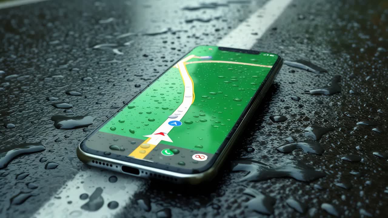 Smartphone with Navigation App on Wet Surface