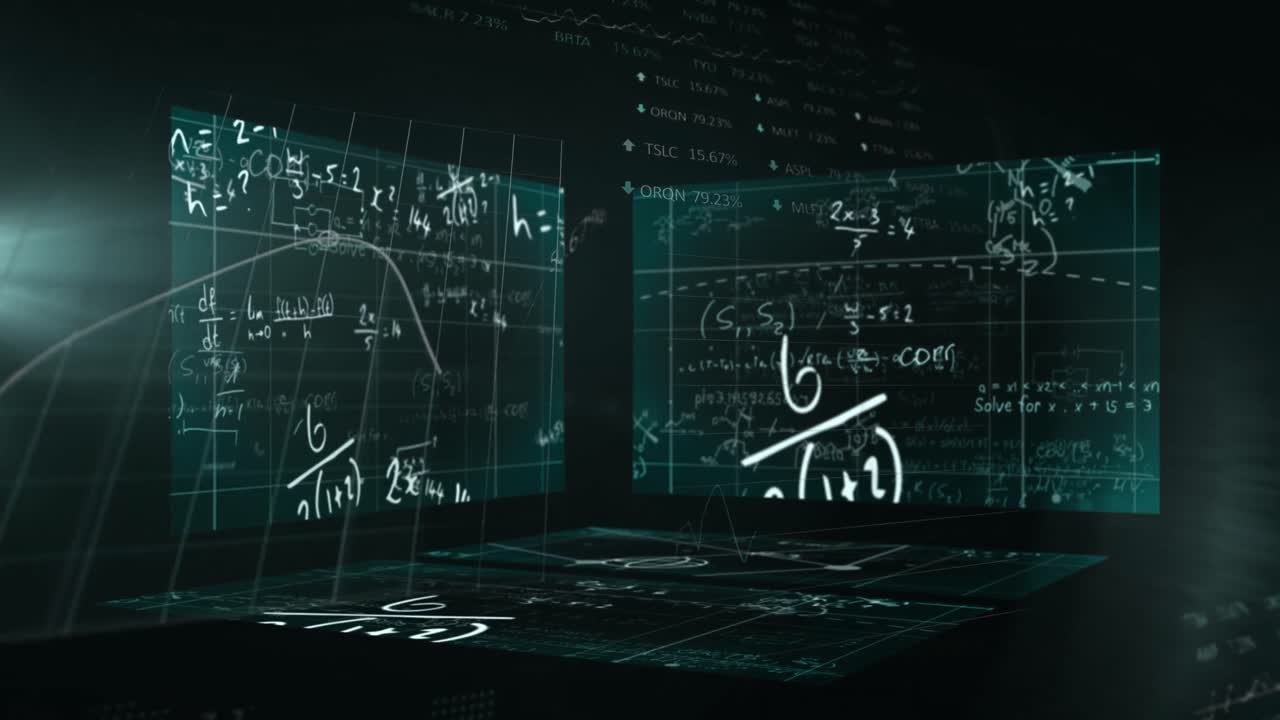 Animation of mathematical equations and data processing on screens over dark background
