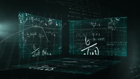 animation of mathematical equations and data processing on screens over dark background