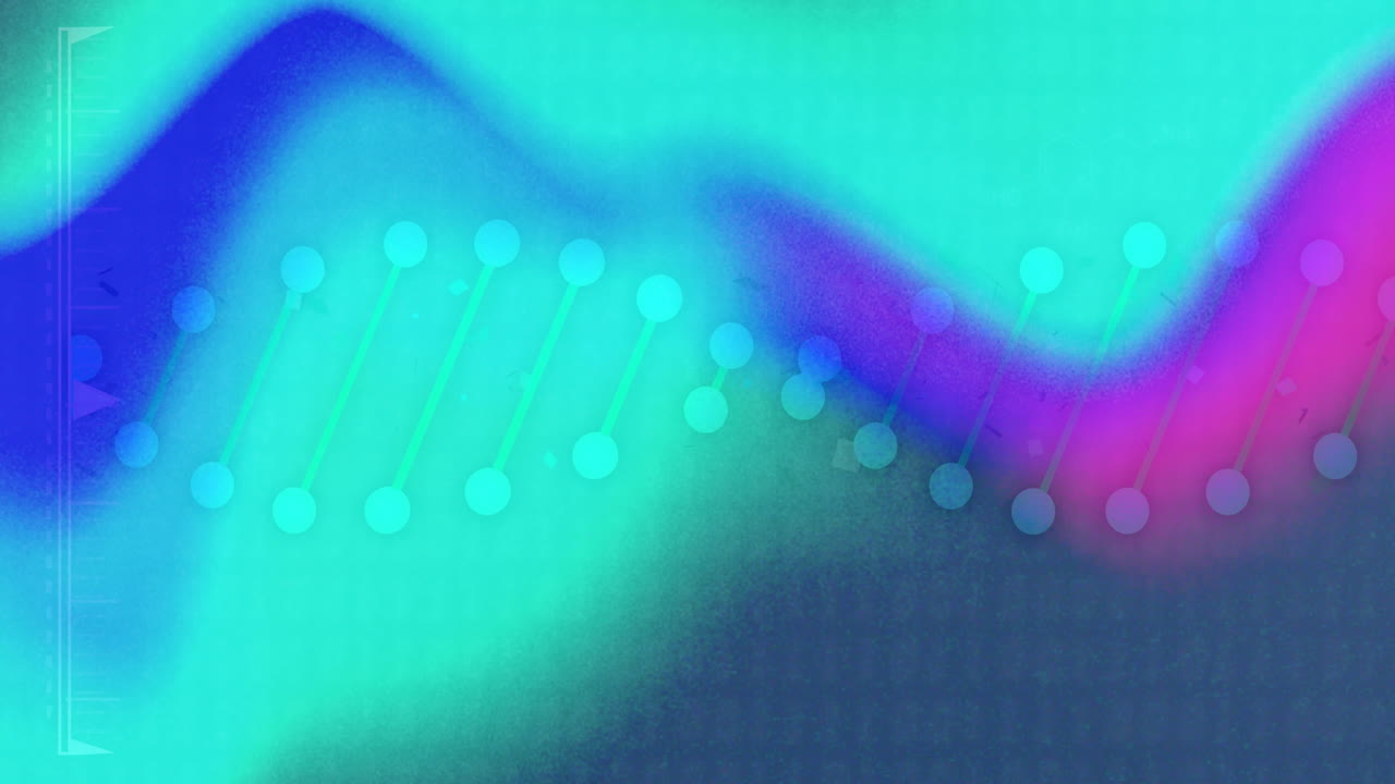 Animation of dna strand over data processing on colourful background