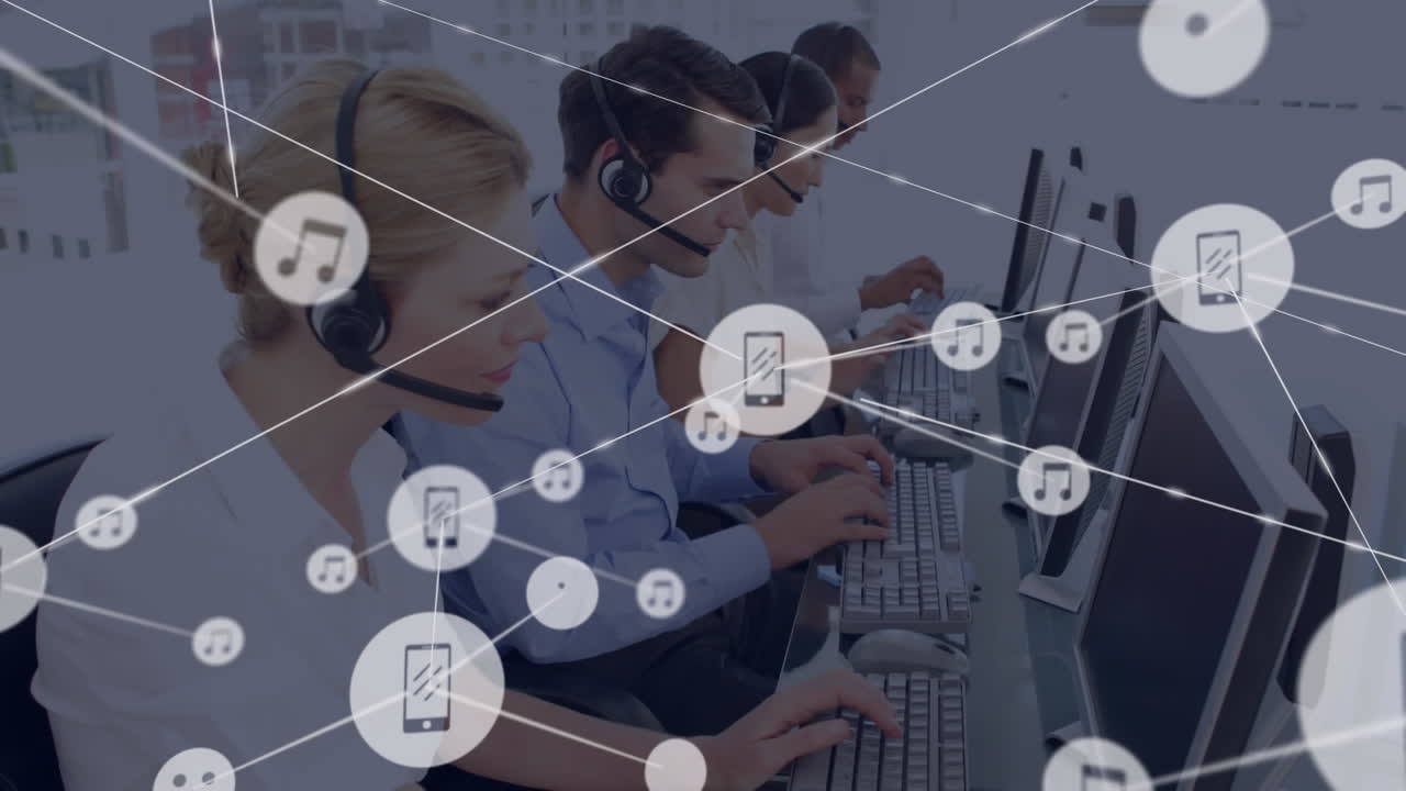 animación de la red de conexión con iconos sobre personas de negocios que usan auriculares de teléfono