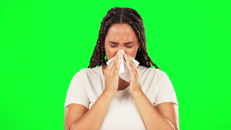 black woman, ill or blowing nose on studio green