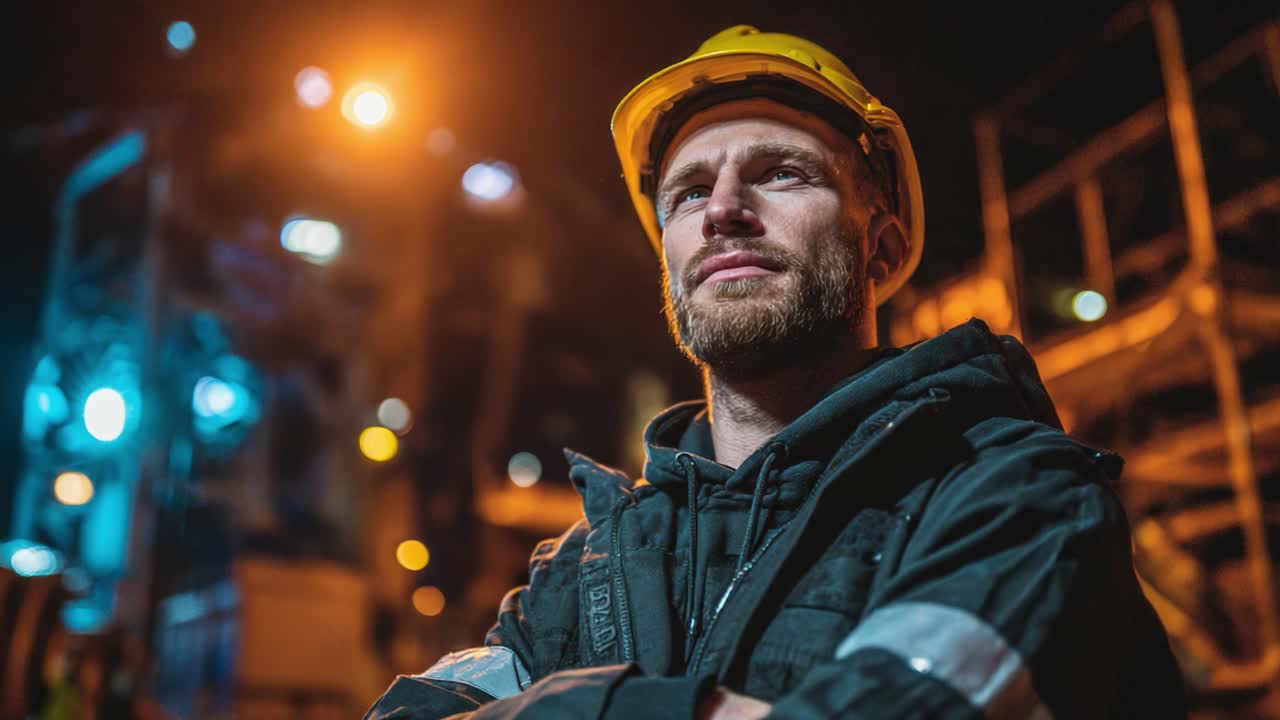 Focused and Determined, a Worker in Safety Gear Stands Vigilantly Amidst Industrial Equipment Under Nighttime Lights, Emphasizing Commitment and Responsibility