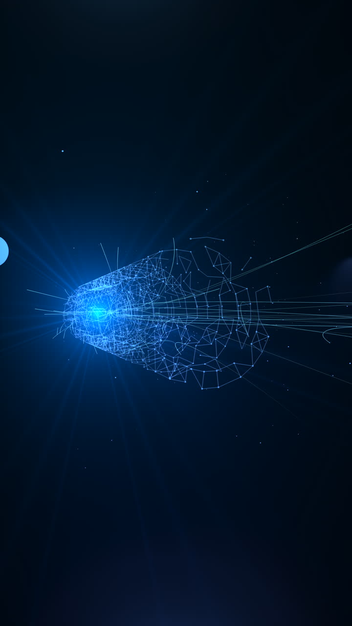 Cinematic voyage through a digital tunnel or quantum universe featuring glowing blue nodes and data lines. A high-energy intro for tech presentations and sci-fi storytelling