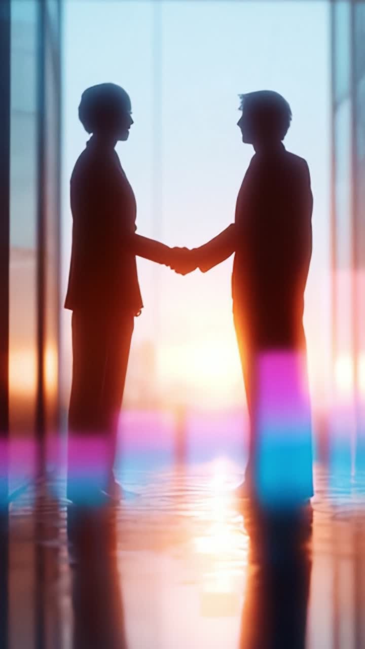Due silhouette che si stringono la mano su uno sfondo vivace, a simboleggiare accordo e collaborazione in un ambiente aziendale al tramonto