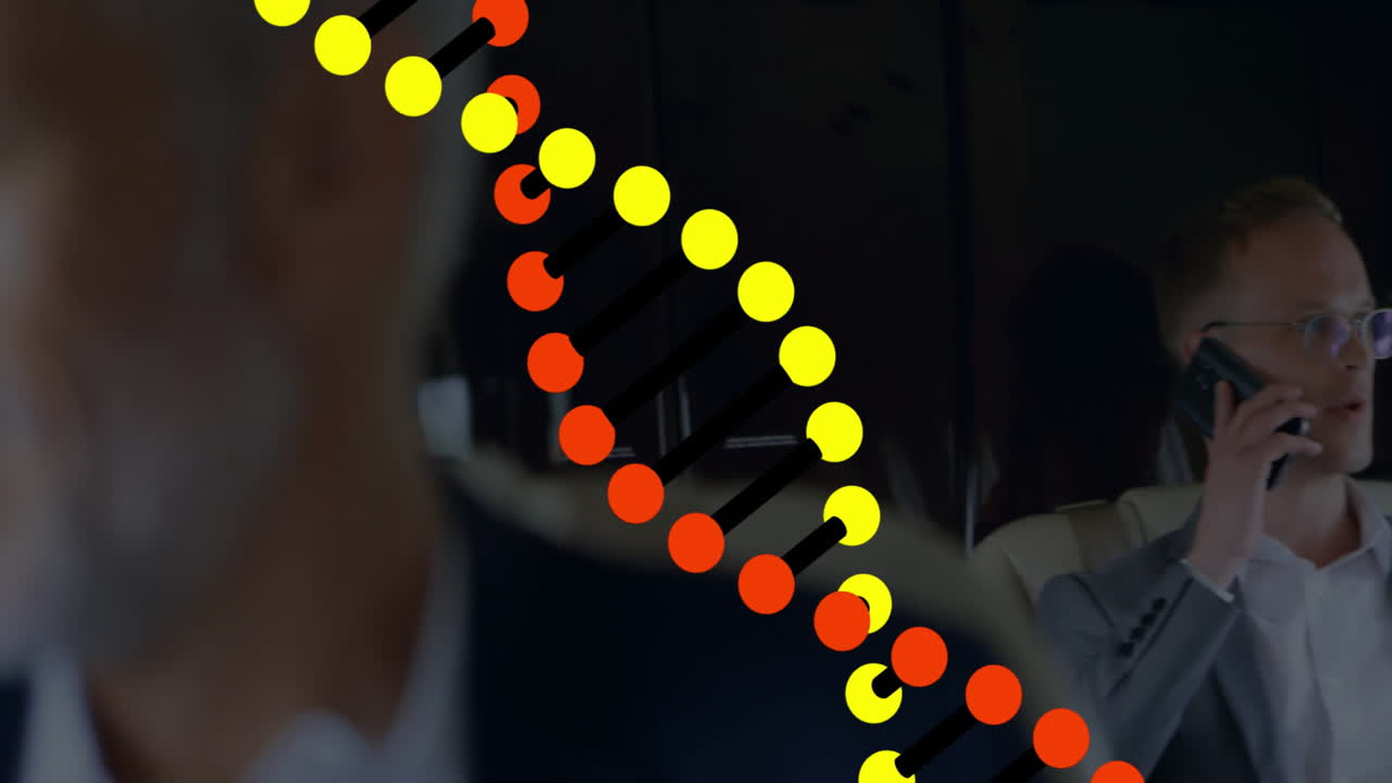 Business colleagues holding smartphone in private jet cabin, showing chain graphic overlay