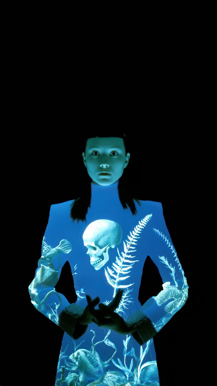 Un concepto de video surrealista con una toma en ángulo bajo, presentando a una persona en un entorno oscuro