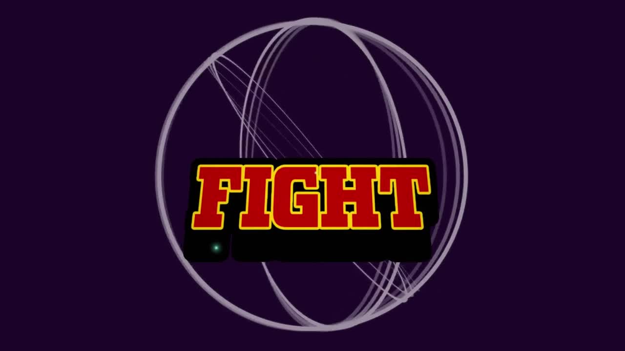 어두운 배경에 움직이는 원 위의 싸움 텍스트의 애니메이션