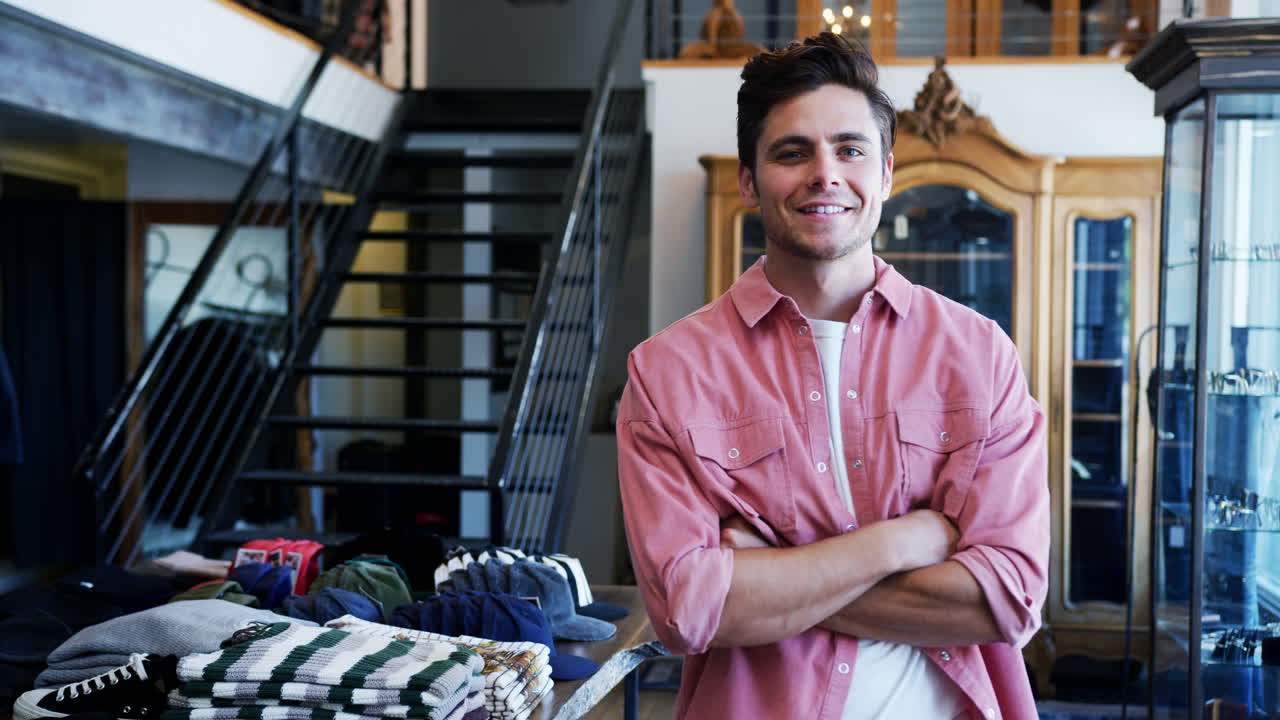 retrato de un dueño de una tienda de moda sonriente de pie frente a una exhibición de ropa