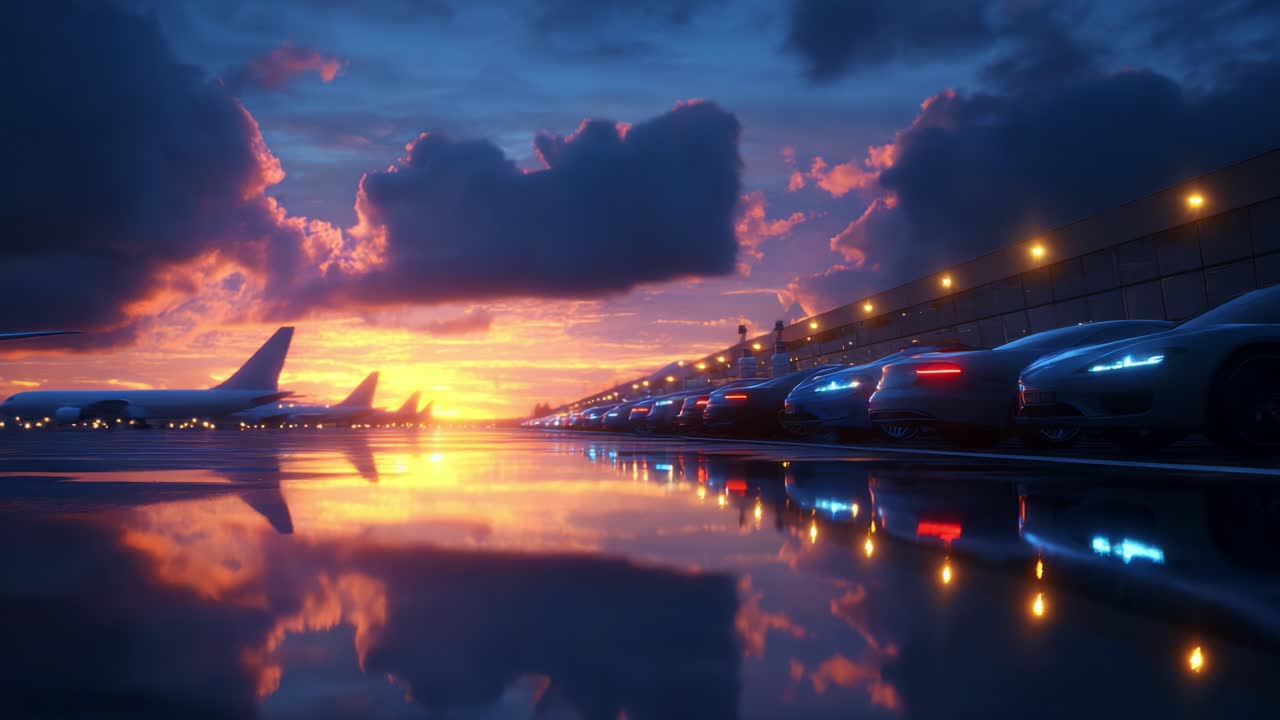 A breathtaking sunset scene featuring a row of sleek cars parked alongside a shimmering reflective surface, with silhouettes of aircraft in the background under vibrant clouds and warm evening hues