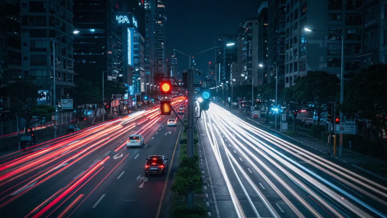 A Nighttime Cityscape with Dynamic Traffic Motion and Vivid Light Trails Capturing Urban Life in Motion