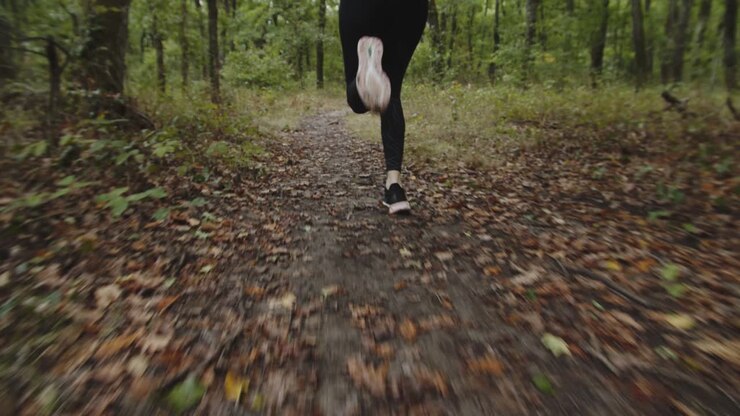 Feet Of A Female Runner Running On The Trail At The Forest During Autumn In October - slow motion