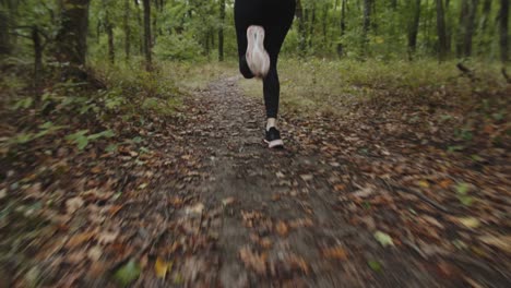 feet of a female runner running on the trail at the forest during autumn in october - slow motion