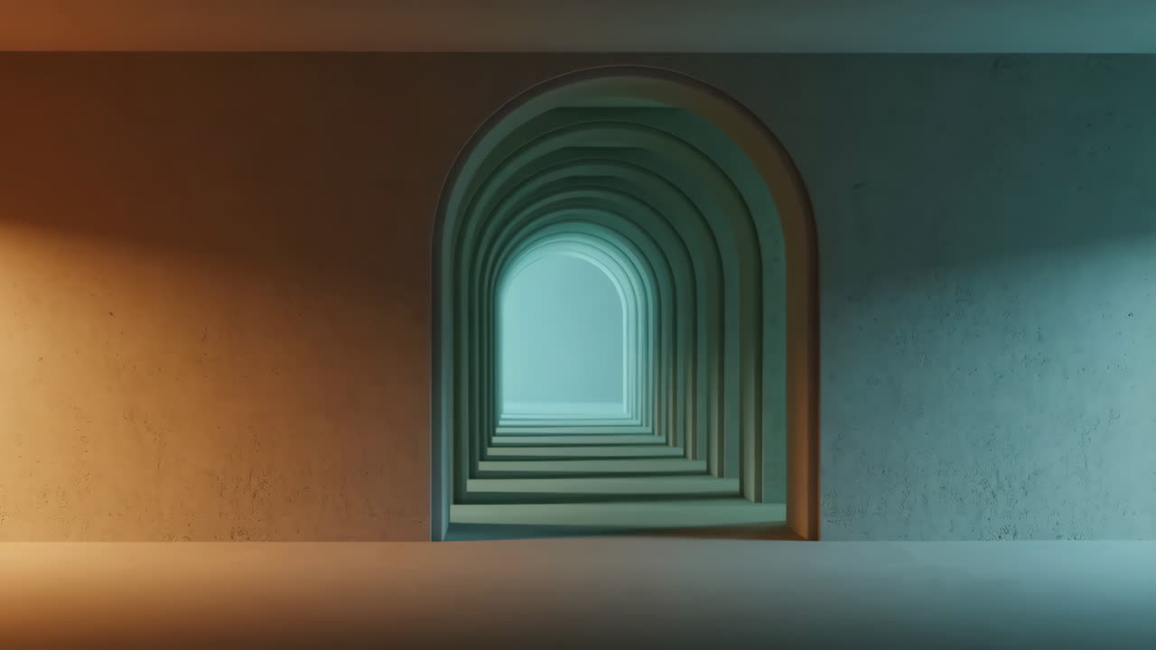 Abstract Arched Hallway with Gradient Lighting
