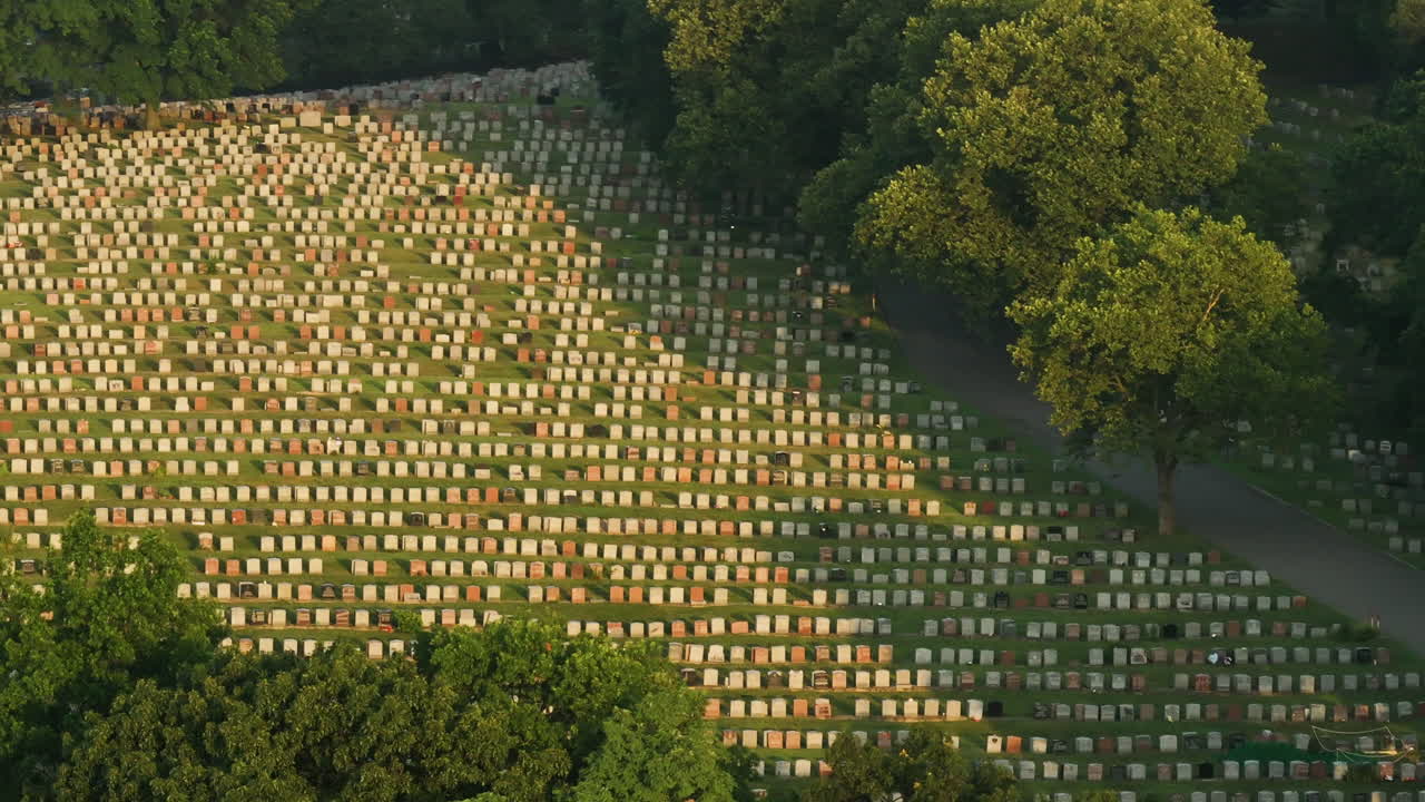 Aerial view of a cemetery on a summer morning