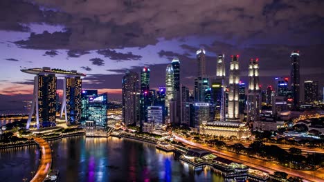 aerial video shot of a city skyline at dusk, showcasing modern skyscrapers and a vibrant waterfront