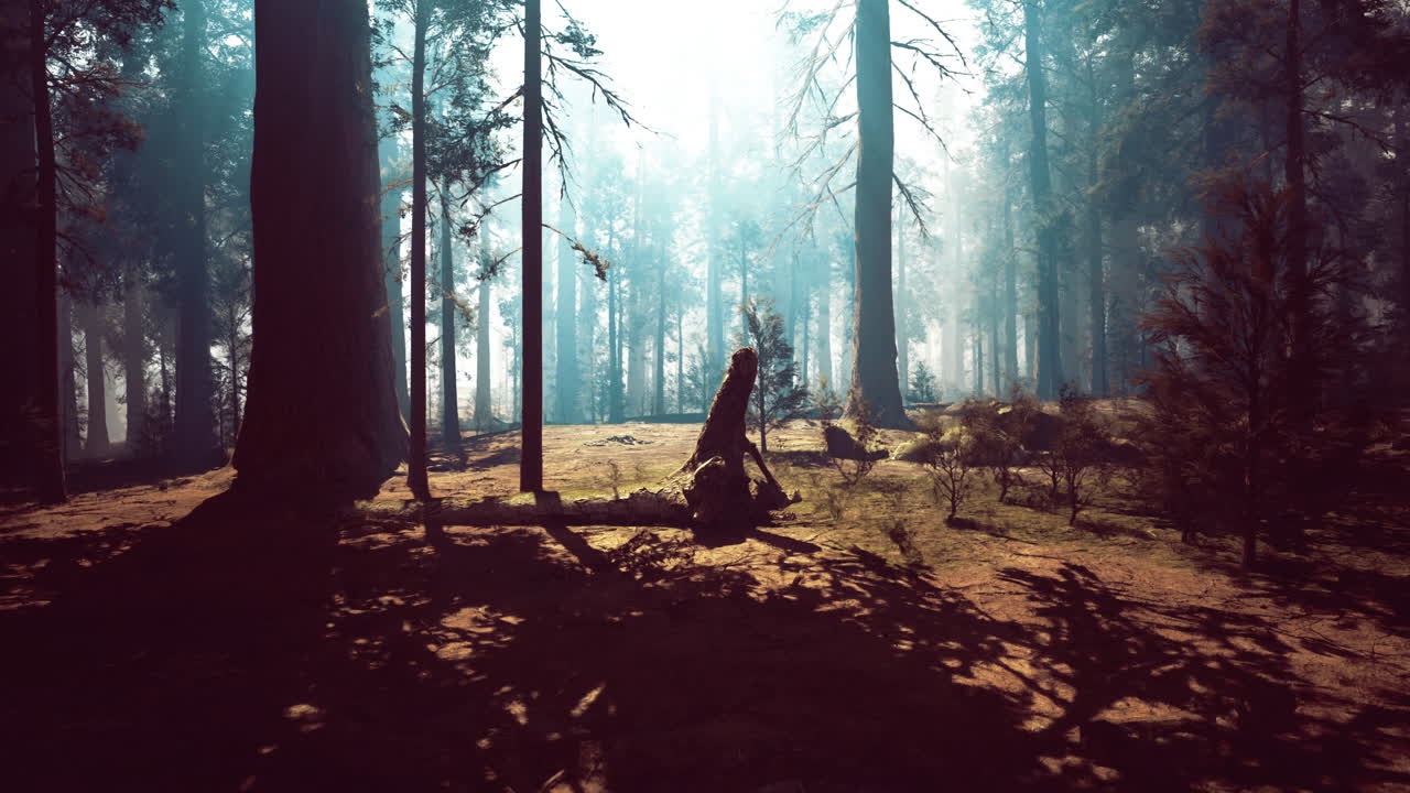Majestic forest landscape at dawn with soft sunlight filtering through trees