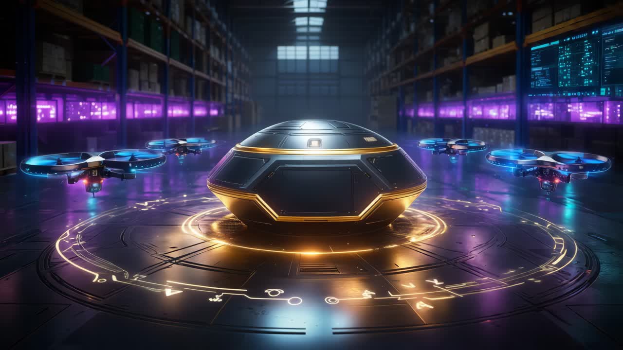 날아다니는 드론과 호버크래프트가 있는 미래의 창고