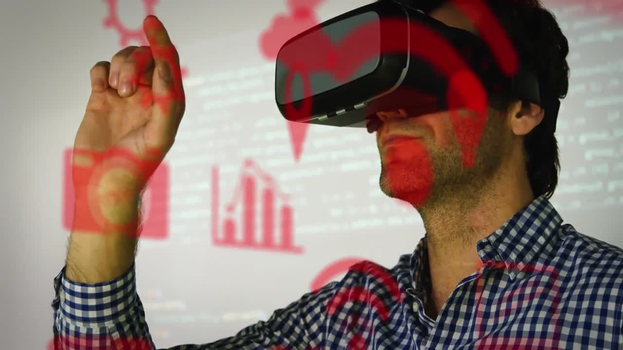 animación de iconos digitales y procesamiento de datos sobre hombre caucásico que usa auriculares vr en la oficina