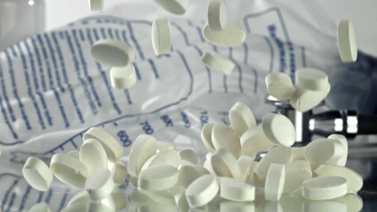 Pillole bianche che cadono al rallentatore con sfondo medico