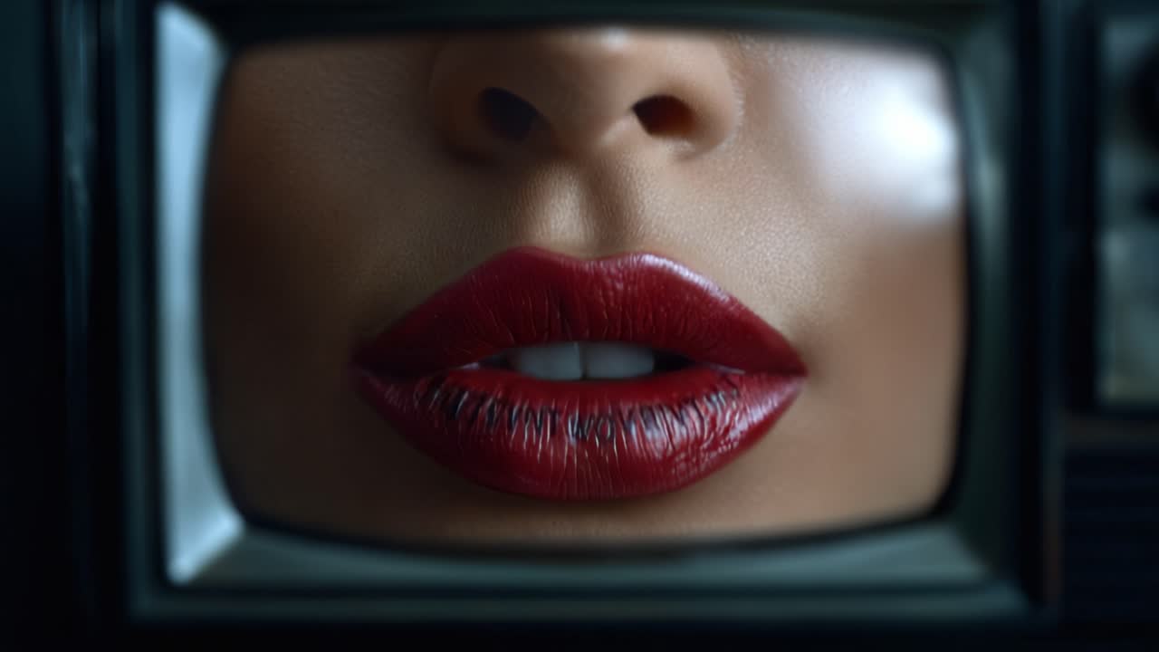 Un drammatico primo piano di labbra rosse lucide incorniciate da uno schermo televisivo vintage, che cattura l'intrigo e il fascino dell'estetica dei media retrò.