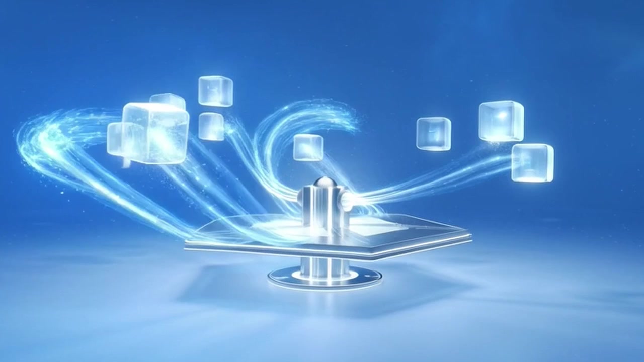แอนิเมชัน 3D นามธรรมของลูกบาศก์เรืองแสงลอยได้และเส้นทางแสง