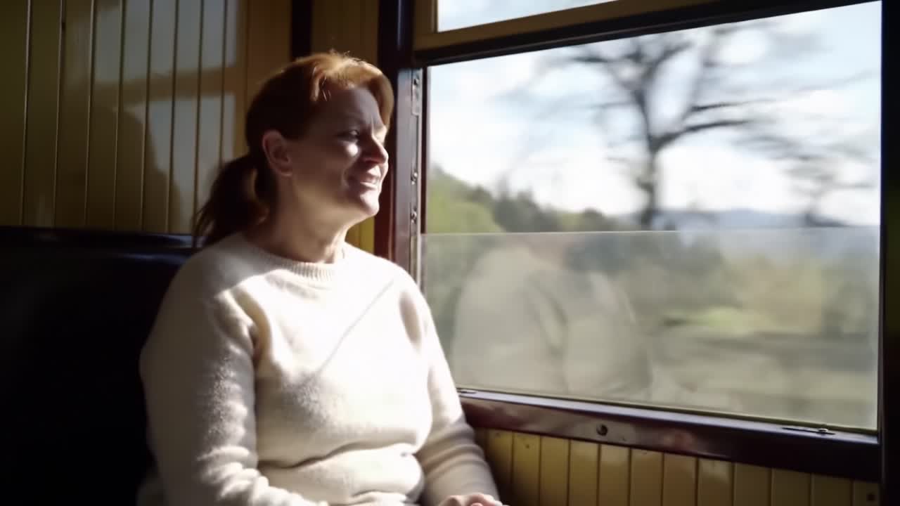 A Woman Enjoys a Scenic Train Journey, Illuminated by Sunlight and Captivated by Nature's Beauty Outside the Window