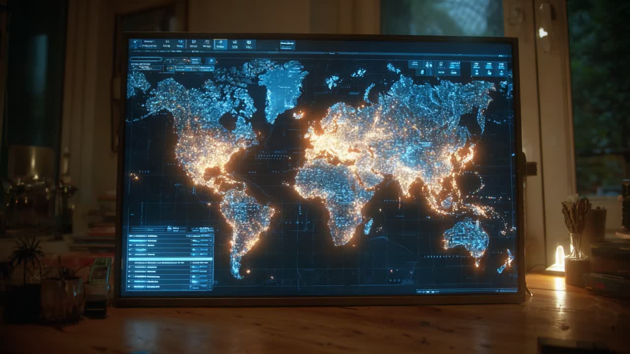 Illuminated World Map Display on Screen Showcasing Geographical Data with Dynamic Lighting and Interactive Features in a Cozy Room Setting