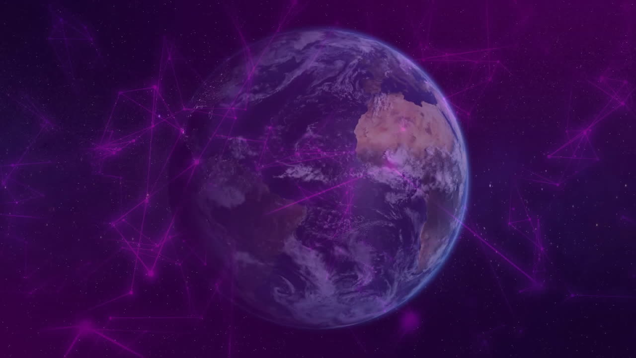 Rotující planeta Země skrze fialovou síť, zářící uzly spojující kontinenty ve 3D renderu.
