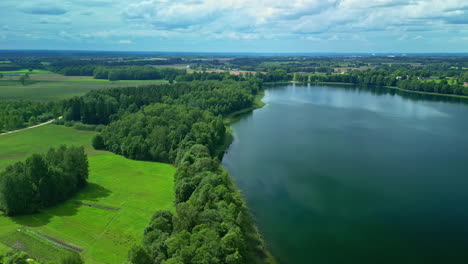 bird's eye view over a large lake between green meadows and trees