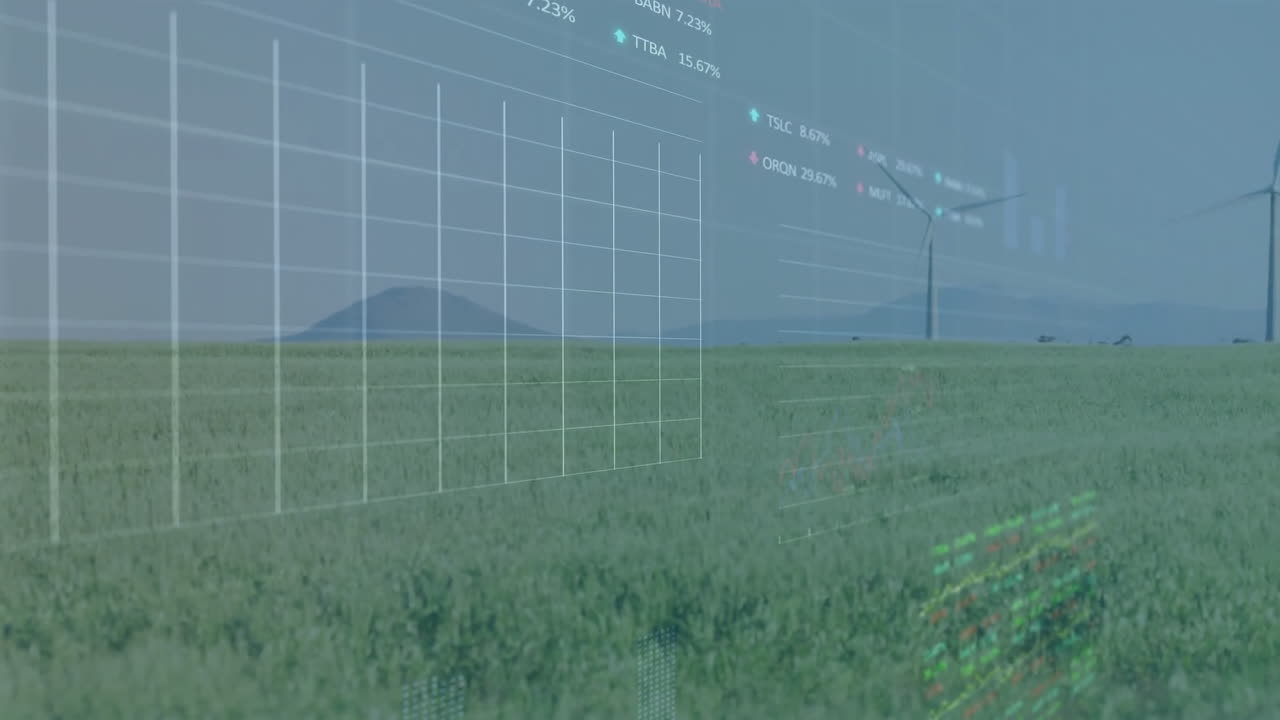 animación de gráficos, números cambiantes y tablero de negociación sobre molinos de viento en el paisaje de hierba