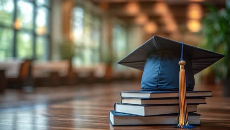 graduation cap on books
