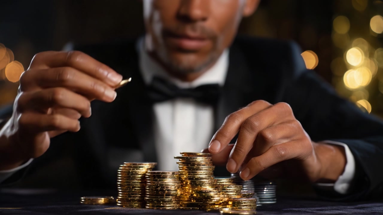 A focused individual counts and arranges coins meticulously on a table, highlighting the importance of precision and patience in financial decisions and investments.