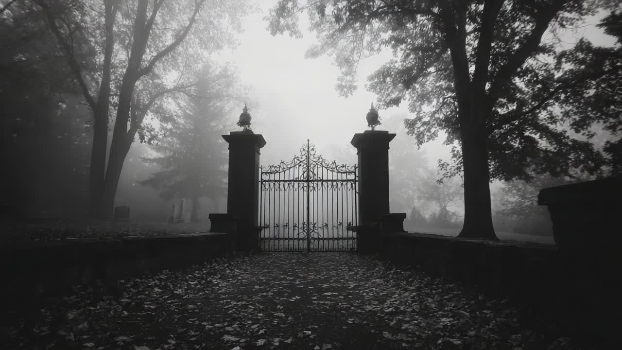 A Hauntingly Beautiful Entrance: Explore the Eerie Atmosphere of a Foggy Gate Surrounded by Trees and Fallen Leaves in a Mysterious Landscape