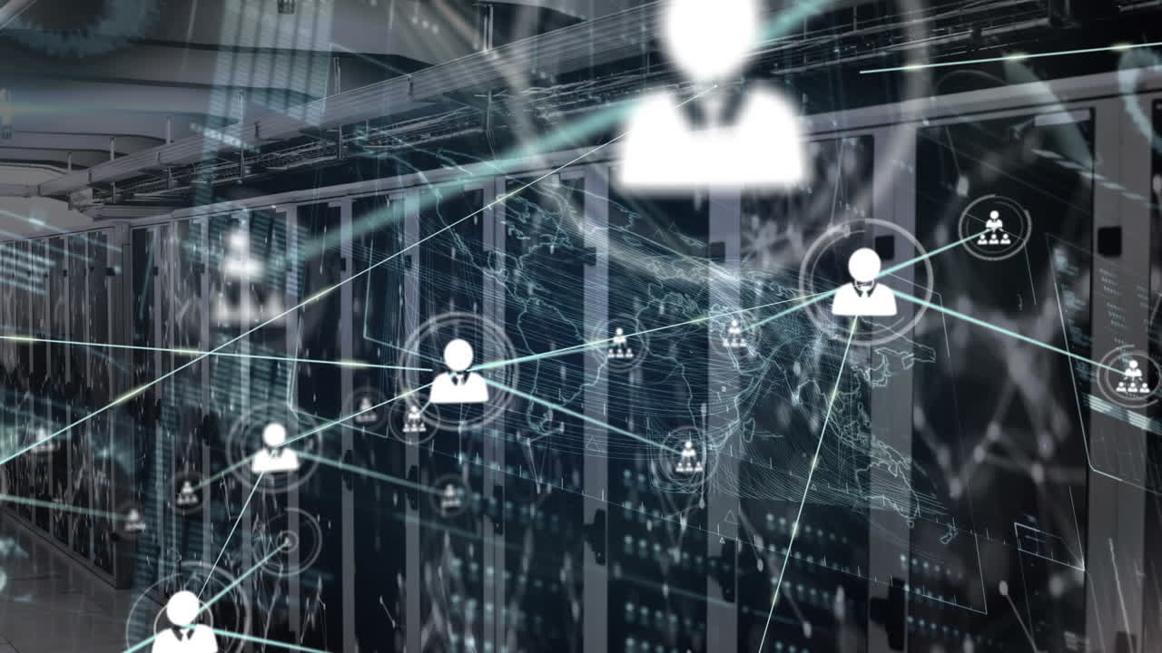Animation of network of connections with icons and data processing over server room