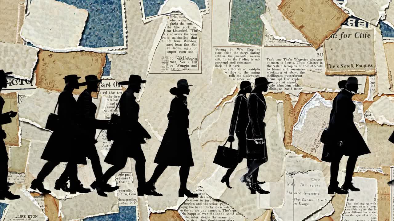 The video features silhouettes walking against a collage of torn newspaper clippings
