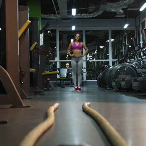 beautiful woman in grey leggings comes to the cables to do workout in the sports center. smiling slim young girl takes the ropes in her hands. close-up
