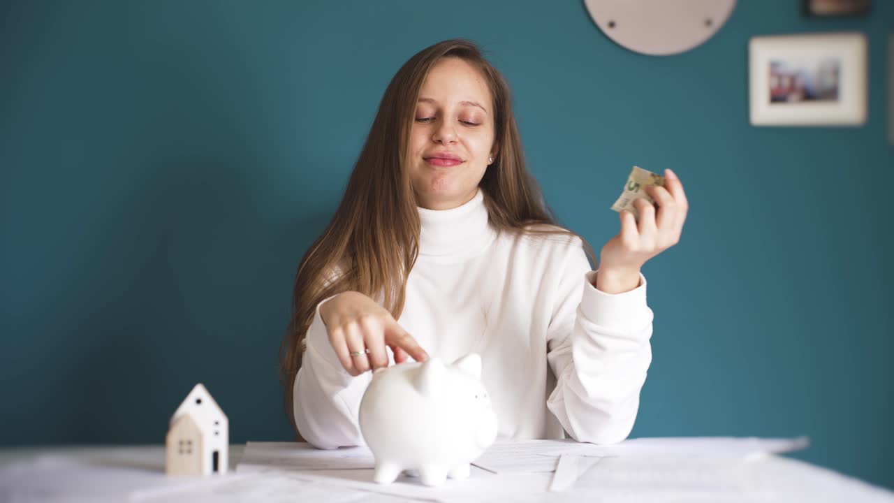 Mulher colocando dinheiro em um cofrinho com uma casa em miniatura sobre a mesa, simbolizando poupar dinheiro, planejamento financeiro e preparando-se para comprar uma nova casa