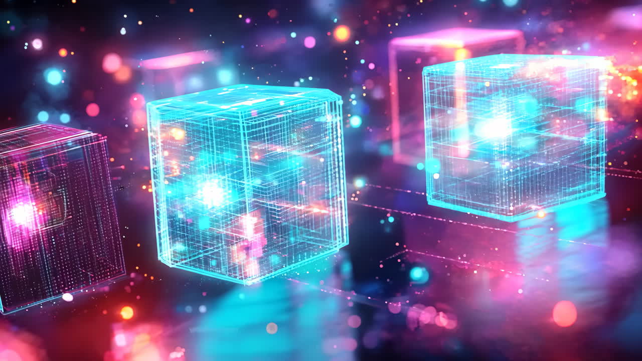 A colorful cube with a blue and red light on it. The cube is surrounded by other cubes, all of which have lights on them. The image has a futuristic and technological feel to it