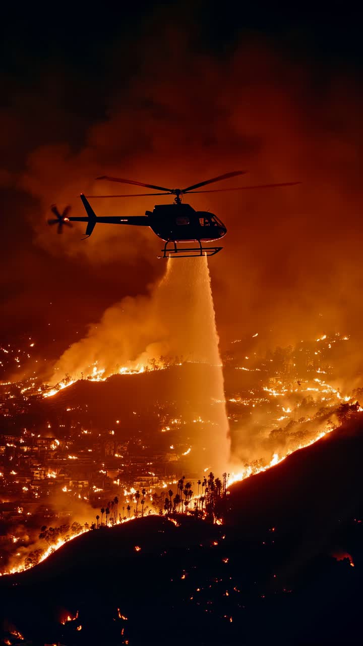 Helicóptero combatiendo activamente un incendio forestal durante el anochecer