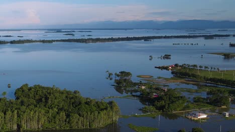 Aerial-view-of-rural-village-area-submerged-in-flood-water